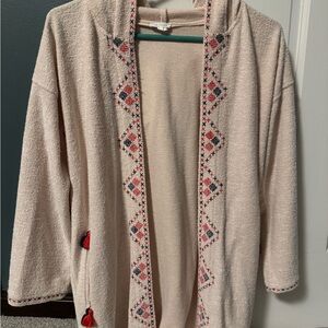 En Creme Textured Cardigan with Red and Black Embroidery